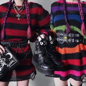 Lairauiy Women E-girl Goth Hole Striped Knitted Pullovers Long Sleeve Ripped Sweater Jumpers Punk Style Kawaii Harajuku Sweater image 2