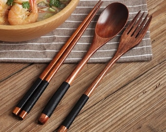 3 Pieces Handmade Tableware Natural Wood Dinnerware Spoon Chopsticks Fork Dinner Portable Tableware Grain Household Kitchen Cutlery Set