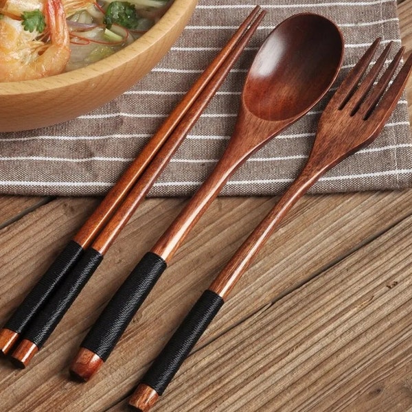 3 Pieces Handmade Tableware Natural Wood Dinnerware Spoon Chopsticks Fork Dinner Portable Tableware Grain Household Kitchen Cutlery Set