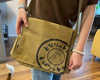 Bolsas de mensajero de lona, bolsos cruzados de libros para estudiantes de dibujos animados con múltiples bolsillos, bolso de clase, bolso de mensajero totoro