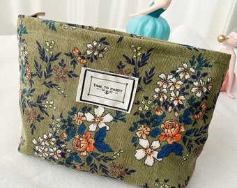 Handmade Corduroy Makeup Bag Flower print Cosmetic Bag Women Travel purse Make Up Pouch Beauty Storage Cases