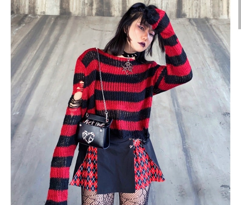 Lairauiy Women E-girl Goth Hole Striped Knitted Pullovers Long Sleeve Ripped Sweater Jumpers Punk Style Kawaii Harajuku Sweater image 5