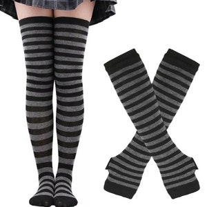 1 Set Women Girls Over Knee Long Stripe Printed Thigh High Cotton Socks and Arm Sleeve Gloves Plus Size Overknee Socks Arm warmers zdjęcie 1