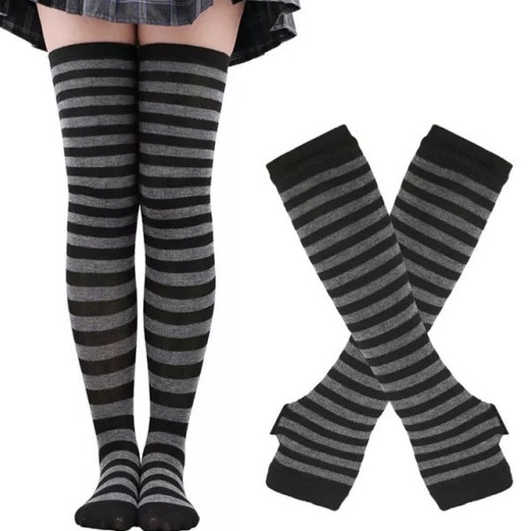 1 Set Women Girls Over Knee Long Stripe Printed Thigh High Cotton Socks and Arm Sleeve Gloves Plus Size Overknee Socks Arm warmers