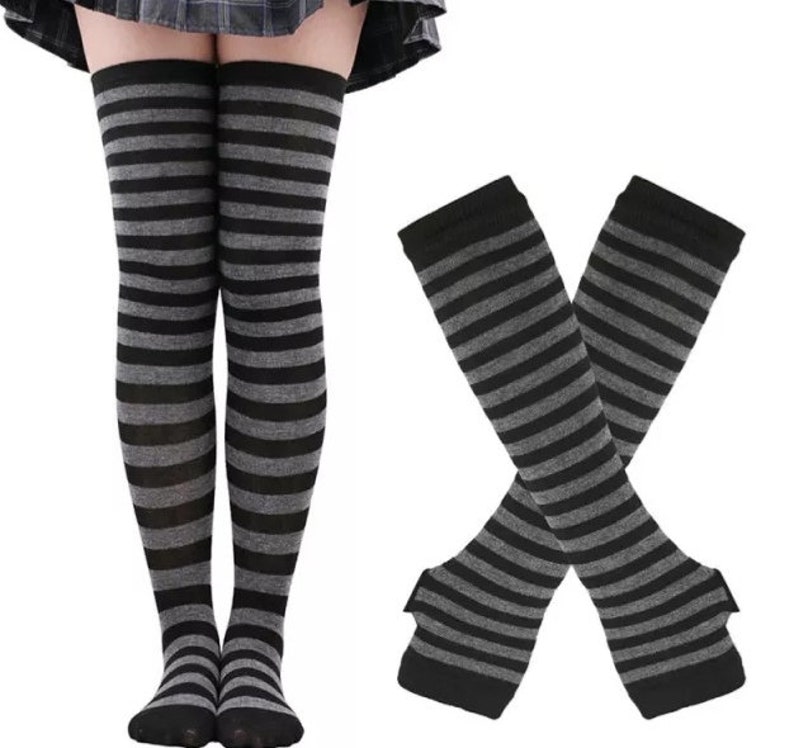 1 Set Women Girls Over Knee Long Stripe Printed Thigh High Cotton Socks and Arm Sleeve Gloves Plus Size Overknee Socks Arm warmers image 1