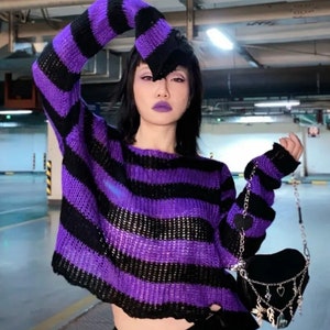 Lairauiy Women E-girl Goth Hole Striped Knitted Pullovers Long Sleeve Ripped Sweater Jumpers Punk Style Kawaii Harajuku Sweater image 6