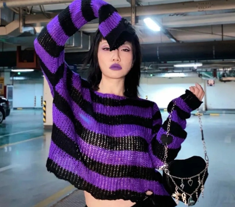 Lairauiy Women E-girl Goth Hole Striped Knitted Pullovers Long Sleeve Ripped Sweater Jumpers Punk Style Kawaii Harajuku Sweater image 6