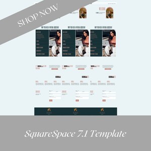 May include: A website template for Squarespace 7.1, featuring a dark green and light blue colour scheme. The template includes a welcome section with a photo of a woman, a section about why you need a virtual assistant, and a contact form.