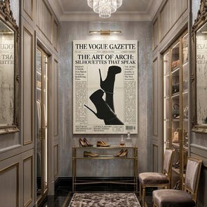 Peut inclure: Un dressing luxueux avec un sch&eacute;ma de couleurs or et gris. Une grande impression de journal encadr&eacute;e avec le titre "THE VOGUE GAZETTE" est accroch&eacute;e au mur. Une &eacute;tag&egrave;re en verre et or expose plusieurs paires de chaussures. Deux chaises en velours et un tapis &agrave; motifs compl&egrave;tent la sc&egrave;ne.