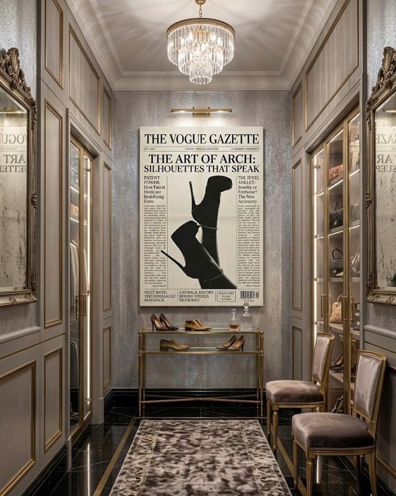 Peut inclure: Un dressing luxueux avec un sch&eacute;ma de couleurs or et gris. Une grande impression de journal encadr&eacute;e avec le titre "THE VOGUE GAZETTE" est accroch&eacute;e au mur. Une &eacute;tag&egrave;re en verre et or expose plusieurs paires de chaussures. Deux chaises en velours et un tapis &agrave; motifs compl&egrave;tent la sc&egrave;ne.