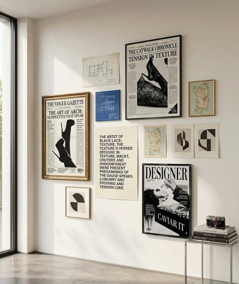 Peut inclure: Une composition murale de cadres et d'impressions artistiques. On y trouve des couvertures de magazines de mode, des plans architecturaux et des motifs abstraits. La palette de couleurs est principalement noire, blanche et dor&eacute;e, pour une esth&eacute;tique moderne.