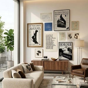 Peut inclure: Un salon moderne avec un canap&eacute; beige, un fauteuil en cuir marron et un meuble en bois. Le mur pr&eacute;sente des impressions d'art encadr&eacute;es, dont une affiche Vogue Gazette. Une table basse en verre et un lampadaire compl&egrave;tent l'int&eacute;rieur &eacute;l&eacute;gant.