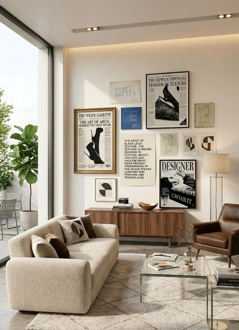 Peut inclure: Un salon moderne avec un canap&eacute; beige, un fauteuil en cuir marron et un meuble en bois. Le mur pr&eacute;sente des impressions d'art encadr&eacute;es, dont une affiche Vogue Gazette. Une table basse en verre et un lampadaire compl&egrave;tent l'int&eacute;rieur &eacute;l&eacute;gant.