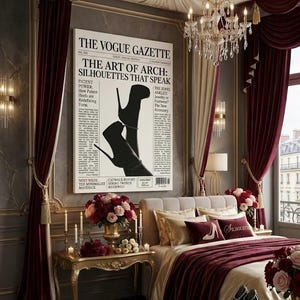 Peut inclure: Une chambre luxueuse avec un grand lit, des rideaux bordeaux et un lustre. Une affiche encadr&eacute;e de Vogue Gazette avec le titre "The Art of Arch: Silhouettes That Speak" est accroch&eacute;e au-dessus du lit. Une paire d'escarpins noirs est pos&eacute;e sur un plateau.