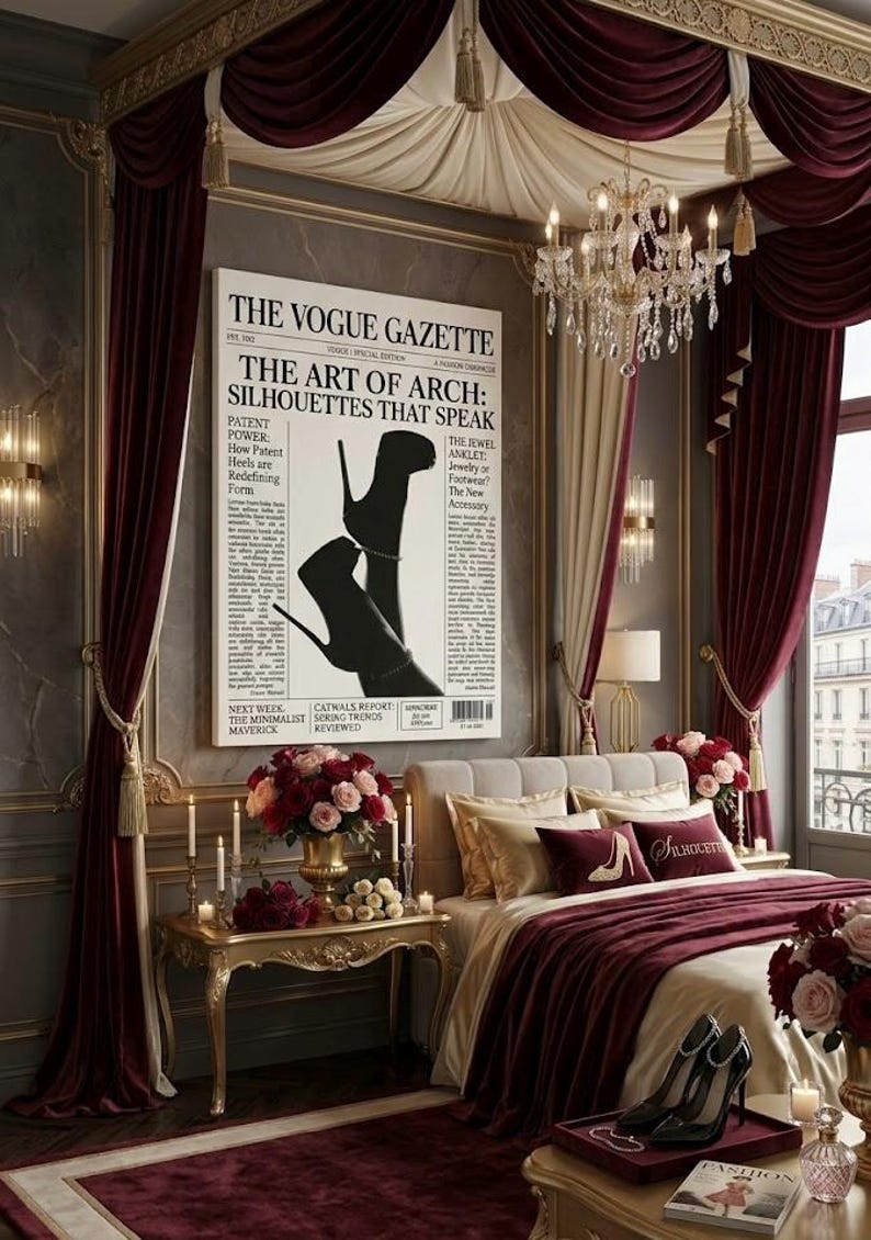 Peut inclure: Une chambre luxueuse avec un grand lit, des rideaux bordeaux et un lustre. Une affiche encadr&eacute;e de Vogue Gazette avec le titre "The Art of Arch: Silhouettes That Speak" est accroch&eacute;e au-dessus du lit. Une paire d'escarpins noirs est pos&eacute;e sur un plateau.