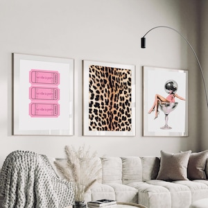 Set of 3 Luxury Prints - Retro Lucky 8 Ball, Stay Wild, Leopard Wall Art, Trendy Chic Decor, Girly Apartment Posters, Pink Gallery Wall Art