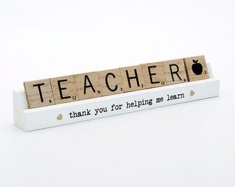 Teacher Scrabble Block, Teacher thank you for helping me learn, Teacher Gift, Gift For Teacher, Scrabble Sentiment, Scrabble Tiles