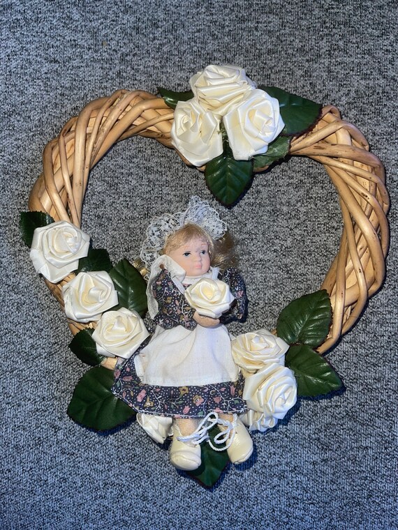 Heart Wreath With Doll and Fabric Roses Etsy