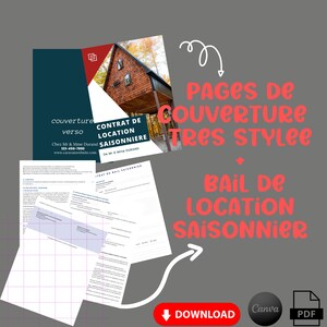 May include: A red and white graphic with the text "Pages de couverture tres stylee" and "Bail de location saisonnier". The graphic also includes a stylized image of a cabin in the woods and a download button.