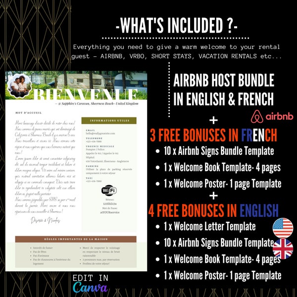 Guide d'accueil airbnb professionnel en langue française et anglaise! livret de bienvenue location maison, manuel location saisonnière, VRBO