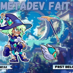 Puede incluir: Un personaje de dibujos animados verde y azul con un sombrero de bruja y un bastón. El personaje está de pie frente a un fondo azul y blanco con el texto "METADEF FAIT" y "ENTREGA RÁPIDA".