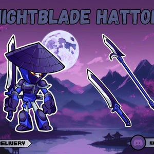 Può includere: Nightblade Hattori, un personaggio di videogioco, è raffigurato in uno stile cartone animato. Indossa un costume da ninja blu e nero con un grande cappello conico grigio scuro. Tiene una katana nella mano destra. Lo sfondo è un paesaggio viola e rosa con la luna piena.