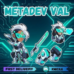 Könnte beinhalten: Digitalillustration eines futuristischen Charakters mit weißem Haar, türkisfarbenen Akzenten und einem Schwert. Der Text "METADEV VAL" steht oben, mit "FAST DELIVERY" und einem Discord-Logo unten.
