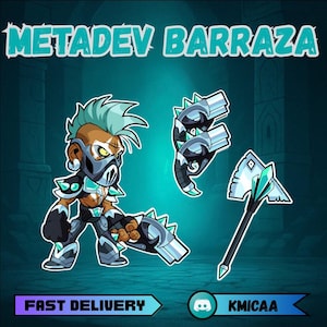 May include: A digital illustration featuring a character named Metadev Barraza, with teal and brown hair, wearing a mask and armor. The image includes two blasters and an axe. The text "METADEV BARRAZA" is at the top, with "FAST DELIVERY" and a Discord logo at the bottom.
