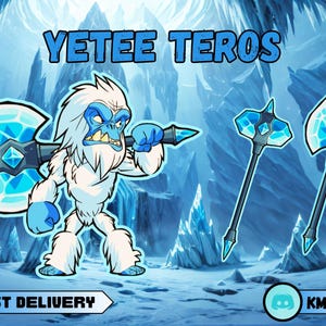 Könnte beinhalten: Illustration eines Yeti-Charakters, der eine Eisaxt hält, mit zwei weiteren Eisäxten. Der Text "YETEE TEROS" steht oben, mit "FAST DELIVERY" unten. Der Hintergrund zeigt eine eisige Höhle.