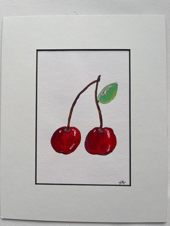 Cherry Painting Made With Acrylic Paints on Canvas. Matt Framed