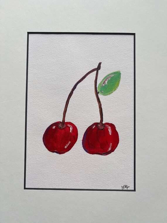 Cherry Painting Made With Acrylic Paints on Canvas. Matt Framed