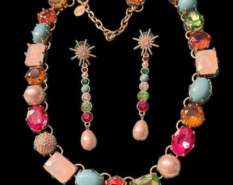 Beeindruckende Vintage Statement-Kristall-Kristall-Halskette mit passenden Ohrringen