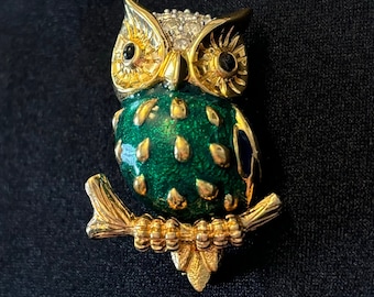 鳥フクロウ グリーン ブルー エナメル ラインストーン 目 ヴィンテージ