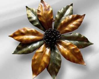 Vintage große Emaille grün und orange Blumen Brosche