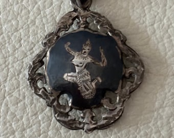 1940s Siam Sterling Niello Dancing Goddess Double-Sided Pendant Necklace
