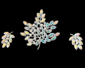 SELTEN! Rhodium Aurora Borealis Vintage signierte B David Brosche und Ohrclips