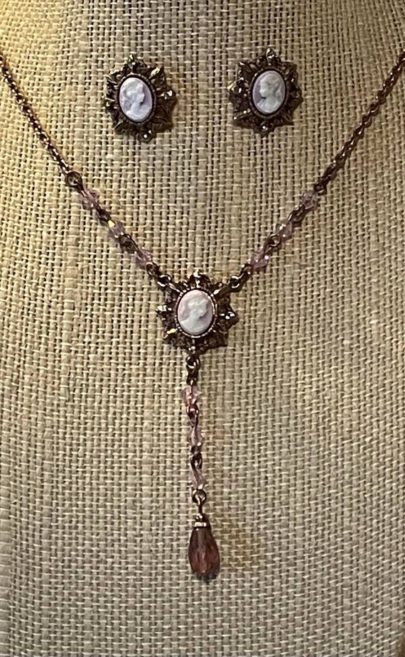 Signed 1928 Vintage RARE Purple Cameo Necklace and