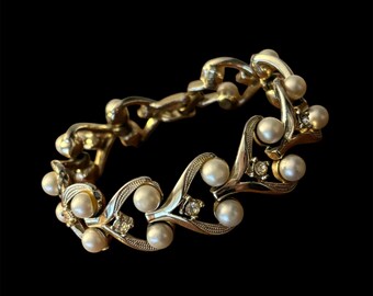 Vintage Kramer Herz Link Kunstperlen und Strass Armband in Silber Ton