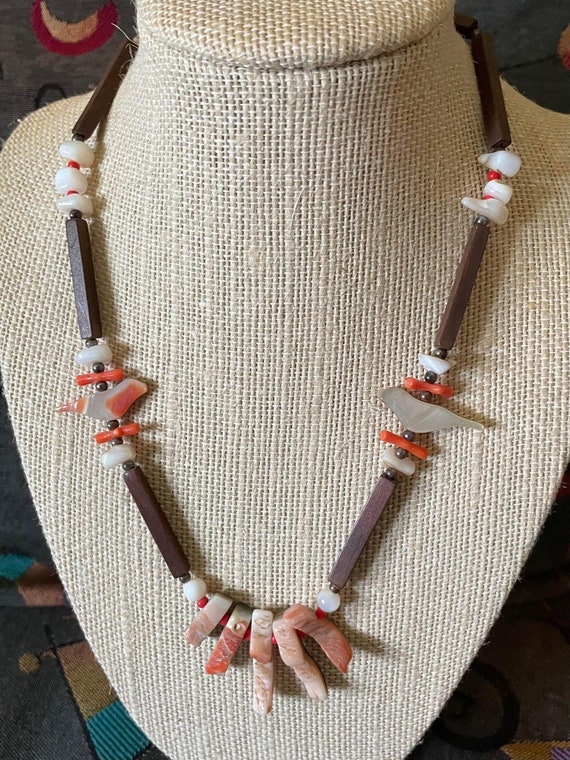 Vintage Wood Bead Necklace with Seashell Birds - image 1