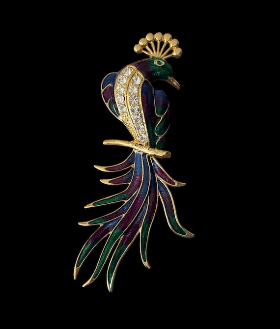 Statement Enamel & Crystal Peacock Vintage Brooch in Vibrant Jewel Tones
