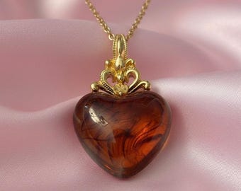 RARE!! Vintage Tortoiseshell Lucite Puffy Heart HTF Pendant Necklace Retired Avon