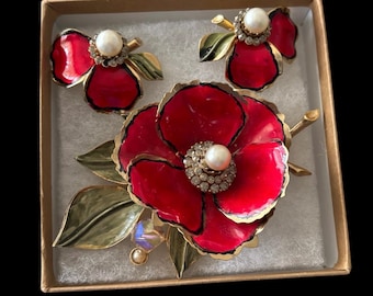 Spilla e orecchini a clip Vendome Poppy in smalto e cristalli