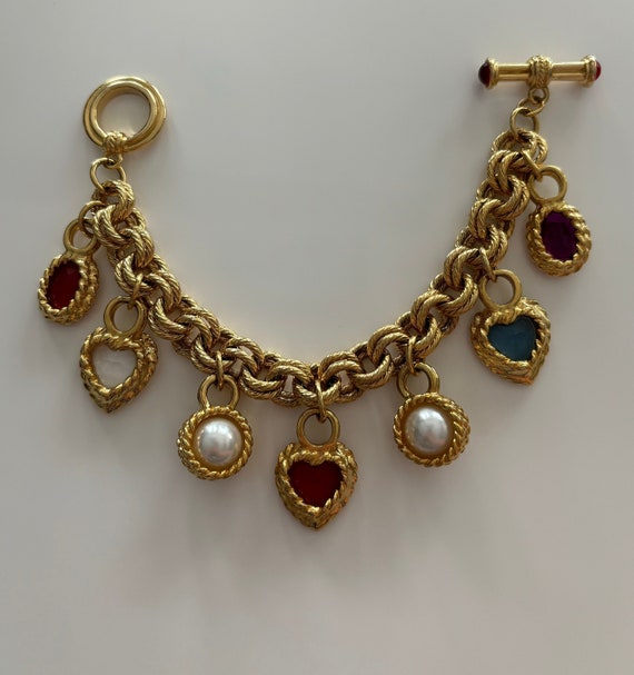 80s Givenchy Gold Plated Gripoix Pearl Charm Bracelet With 