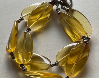 Wunderschönes 2 Strang Gelbe Glasperle Vintage Armband