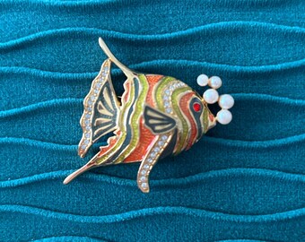 RARE! Vintage Bob Mackie Fish Brooch with Simulated Pearl and Rhinestone Accent
