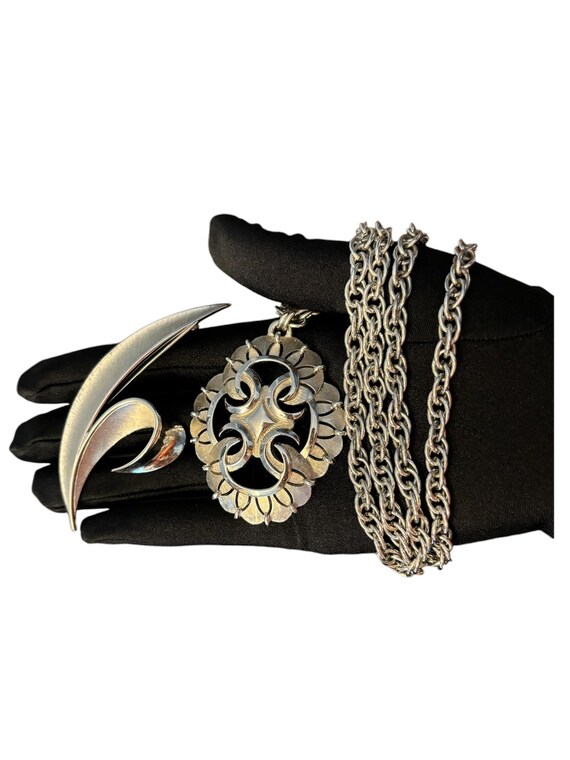 Crown Trifari Silver Tone Pendant with Crown Trifari Modernist Brooch