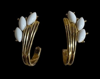 Signed Trifari Vintage Milk Glass Marquise Pierced Earrings