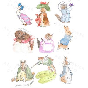 12 personajes de Beatrix Potter, Peter Rabbit, dibujados a mano, acuarela, descarga digital, decoupage, decoración infantil, decoración de baby shower, lámina artística