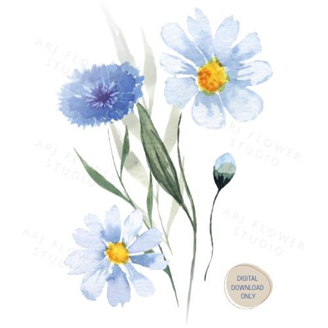 Wildflower Watercolor Print | Blue Floral Wall Art (digital Download ...