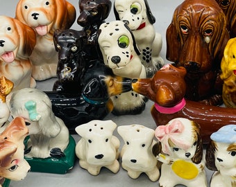 Ceramic Dog Salt and Pepper Figural Shakers Sold In Sets